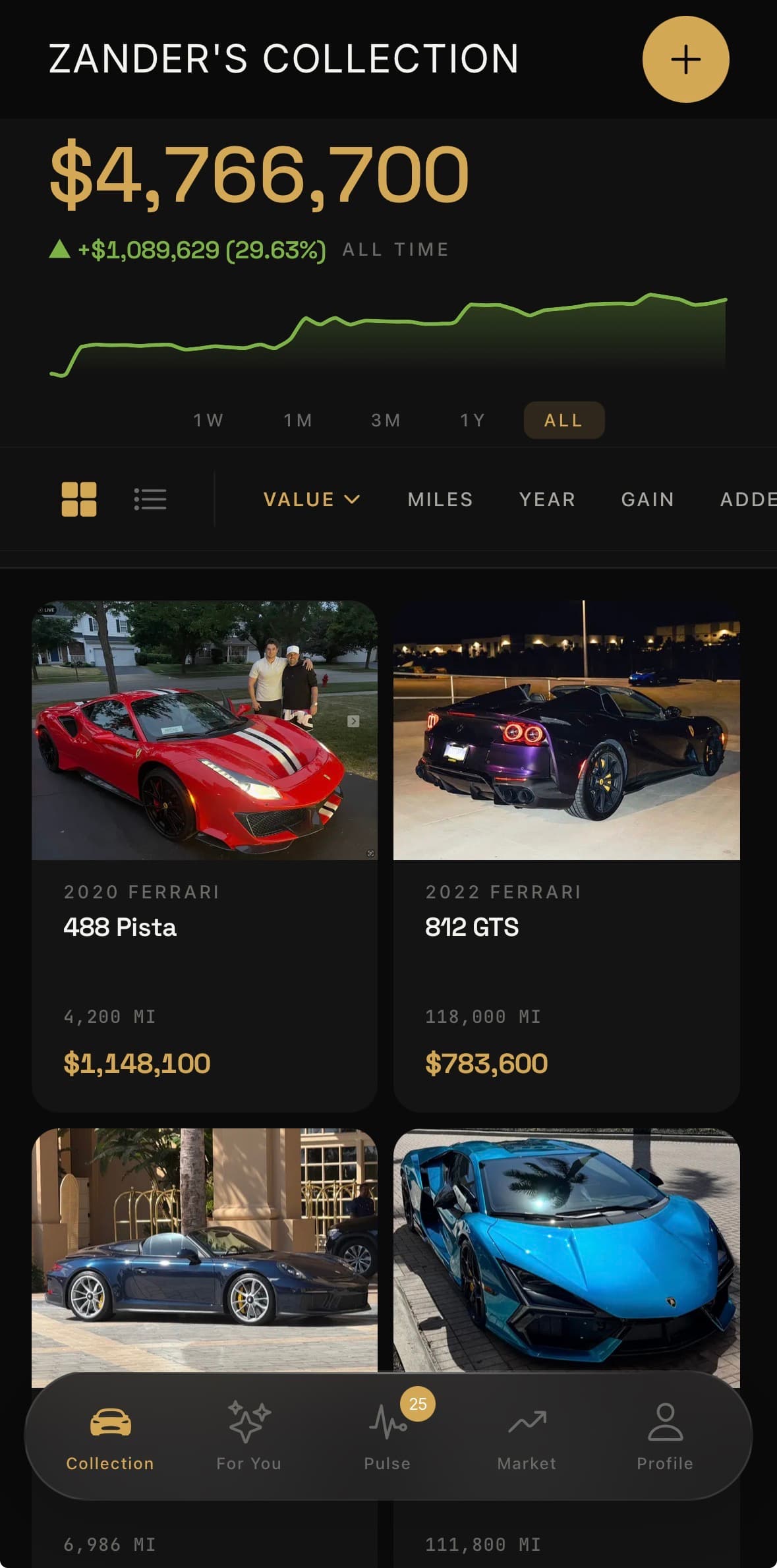 Shifty collection screen showing portfolio value and a car grid