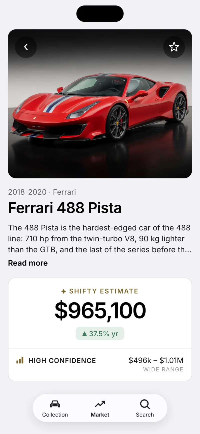A 2020 Ferrari 488 Pista with a live Shifty Estimate of $965,100